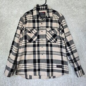 Troll Co Flannel Shirt Mens Small‎ Tan Black Snap Front Dirty Hands Clean Money